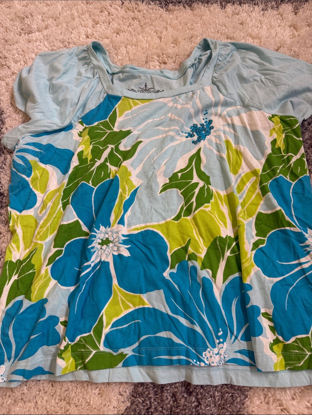Tommy Hilfiger Light Blue Floral Scoop Neck Short Sleeve Top
